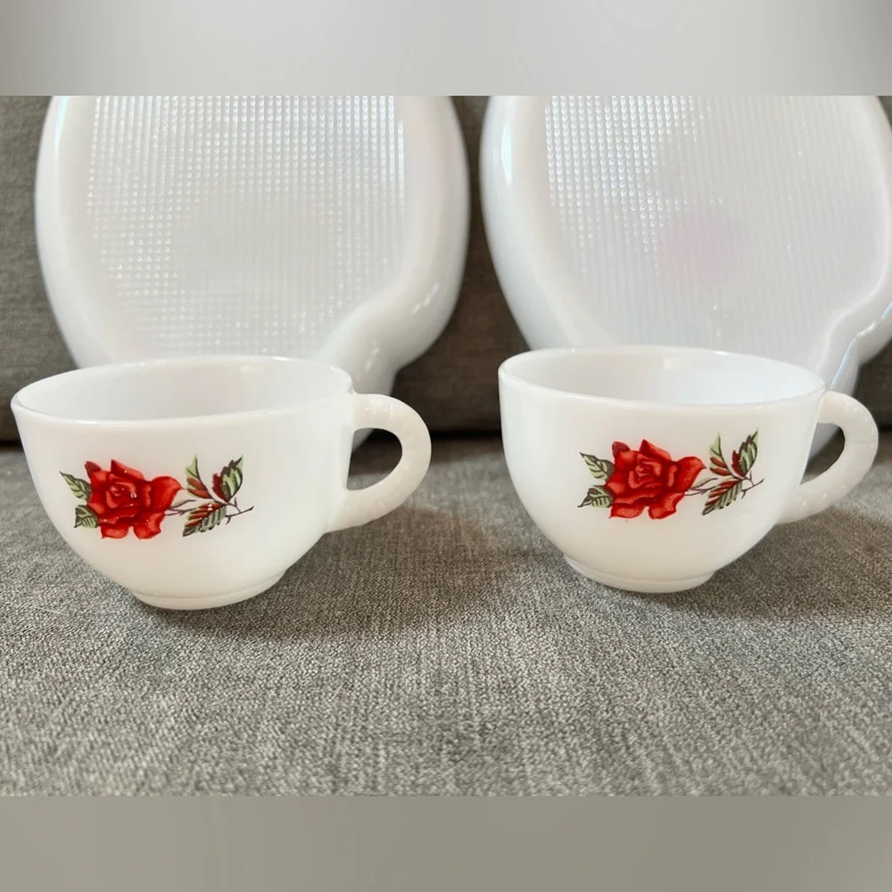 Tea Cup and Plate White Federal Milk Glass Red Rose‎ Vintage